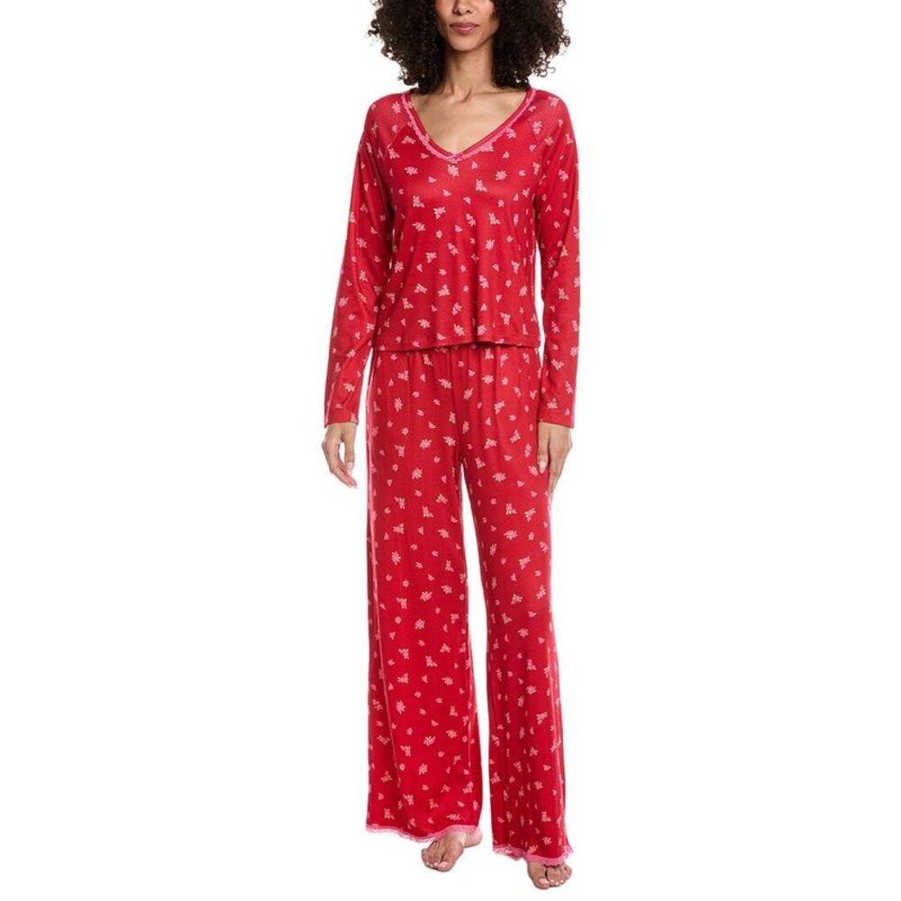 40 Winks Womens  2Pc Top & Long Pajama Pant Set, Red